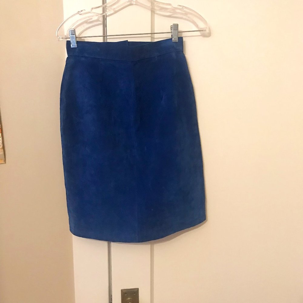 Vintage-1980s-Paris Sports Club-Blue Suede Pencil Skirt-Small